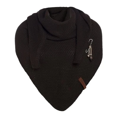 Image of Knit Factory Coco Knitted Shawl Triangle scarf Women Dark Brown winter 190x85 cm Manufactured in Europe Ladies Including decorative pin