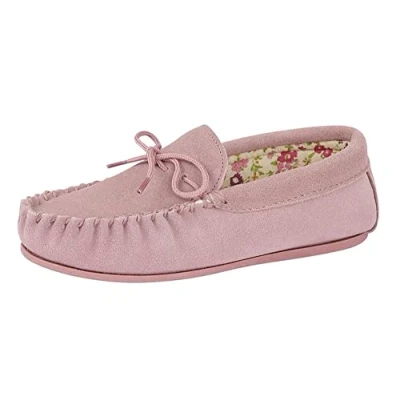 Image of Ladies Real Suede Leather Moccasin with Hardwearing Sole (3 UK, Pink)