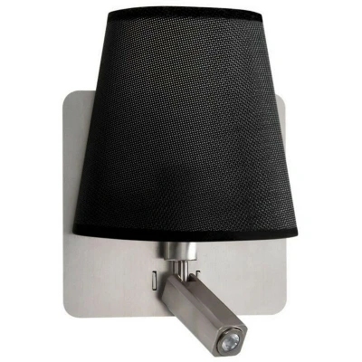 Image of Bahia Wall Lamp with Large Back Plate E27 + Reading Light 3W LED Black Shade Satin Nickel 4000K, 200lm,