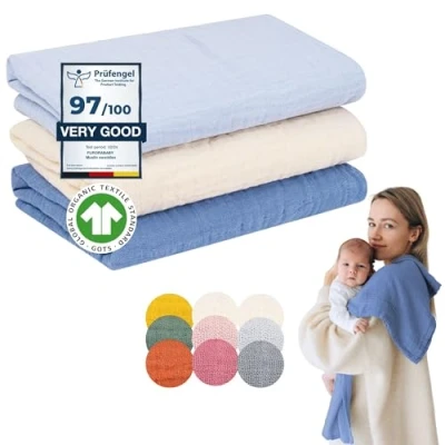Image of Baby Muslin Cloths XL Large Burb Nappies Soft Organic Cotton (80 x 80 cm, Pack of 3) GOTS + Oeco Tex 100: Free from harmful substances, First Equipment for Newborn