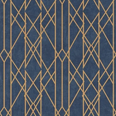 Image of Rasch Portfolio Lattice Geometric Wallpaper Luxury Metallic Shimmer Feature Wall Stripe Linear 10m Roll Navy Blue Copper 215144