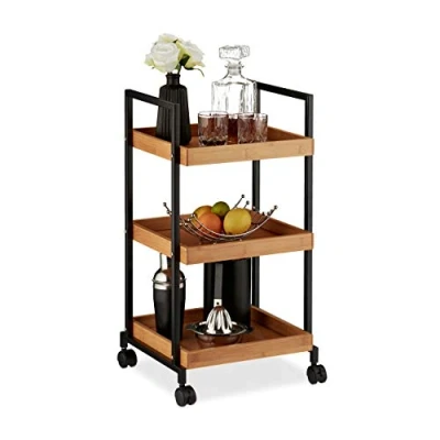 Image of Relaxdays 10027598 Serving Trolley, Modern Kitchen Cart, Bamboo &amp; Iron, 3 Tiers, Square, 4 Castors, 69.5 x 37 34 cm, Natural, Plastic, Light Brown, Black