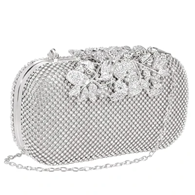 Image of ELEOPTION Women Crystal Diamond Evening Bag with Detachable Chain Chic Leaves Clasp Clutch Diamante Ladies Sparkly Rhinestone Purse Wallet Handy Party Bridal Prom Wedding, Sliver