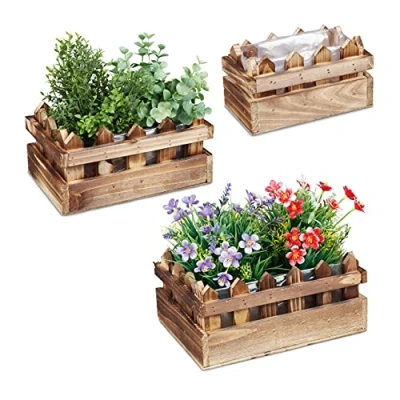 Image of Relaxdays Set of 3 Flowerpots, Various Sizes, Decoration for Garden and Terrace, Fenced Look, Flamed Fir Wood, Natural, 12x25.5x18.5 cm