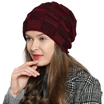 Image of DonDon Beanie hat women Winter Knit knitted Long Slouch with fleece lining Dark red Black