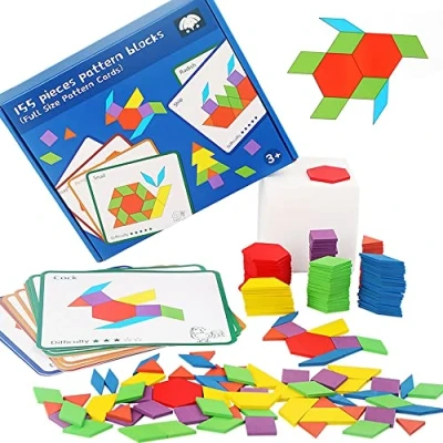 Image of ECCHY Wooden Pattern Blocks Set, 155PCS Geometric Manipulative Shape Puzzle Colorful with 12 Double Sided Design Cards, Classic Early Educational Montessori Tangram Toys for Kids