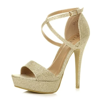 Image of Ajvani Womens Ladies Platform high Heel Peeptoe Cross Over Strappy Shoes, 7 UK, Gold Shimmer