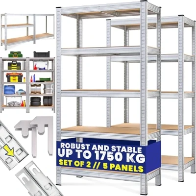 Image of Monzana® 2x 5 Tier XL Garage Shelving Units 180x90x60cm 875kg Capacity Heavy Duty Racking Shelves for Storage Boltless MDF Panels Basement Workshop Shelf Galvanised