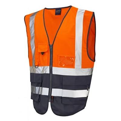 Image of Leo Workwear Lynton W11 Dual Colour Hi Vis Class 1 Multi pocket Superior Waistcoat, 4XL, Orange Navy
