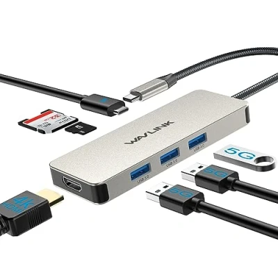 Image of WAVLINK 7 in 1 USB C Hub, Laptop Adapter with 4K@60Hz HDMI, 3 x 3.1, SD/TF, 100W PD for Windows, Mac, Dell, Hp,iPad OS, Harmony And Android