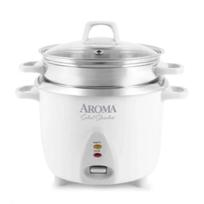 Image of Aroma Housewares 14 Cup (Cooked) / 3Qt. Select Stainless Pot Style Rice Cooker, &amp; Food Steamer, One Touch Operation, Automatic Keep Warm Mode, White (ARC 757 1SG)