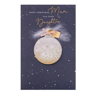 Image of UK Greetings Christmas Card for Mum from Daughter Feather Bauble Design