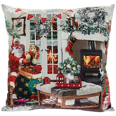Image of Santa Father Christmas Festive Snow Scene LED Light Up Cushion &amp; Insert Approx 40cm x