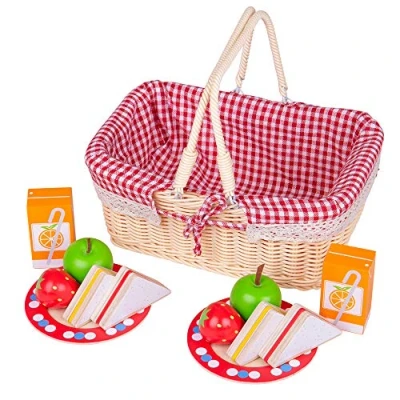 Image of Bigjigs Toys Kids Picnic Basket with Wooden Play Food and Blanket Wicker Toy 10 Pieces, Ideal for Pretend