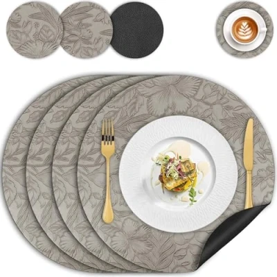 Image of Placemats and Coaster Sets 4, Round Leather Floral Dining Table Mats (34cm) Heat Resistant Waterproof Dual Sided Kitchen Place Non Slip Washable Coffee for Home Restaurant Hotel (Grey Black)