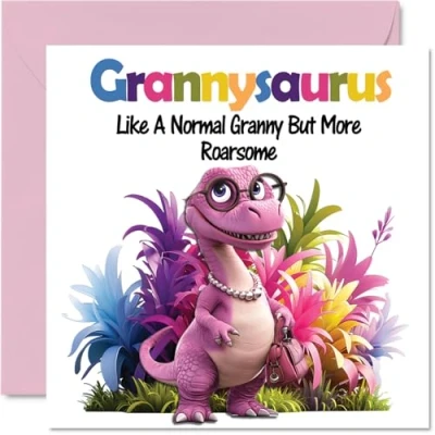 Image of Granny Birthday Card Roarsome Grannysaurus Happy for Gran from Grandson Granddaughter, 145mm x Dinosaur Bday Greeting Cards