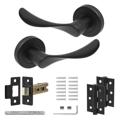 Image of Decoranddecor Nimbus Matt Black Door Handle Levers Aluminium Alloy Handles Lever with Latch and Hinge Kit