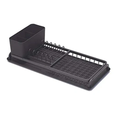 Image of Brabantia Dish Drying Draining Rack (Compact / Light Grey) Easy Clean Drip Tray &amp; Removable Cutlery Basket, Corrosion Resistant Aluminium Rack, 20 x 46 cm