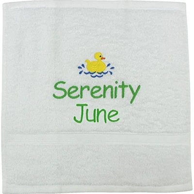Image of Children&#039;s Personalised Rubber Duck Bath Time Face Wash Flannel Towel (Two Names, White)