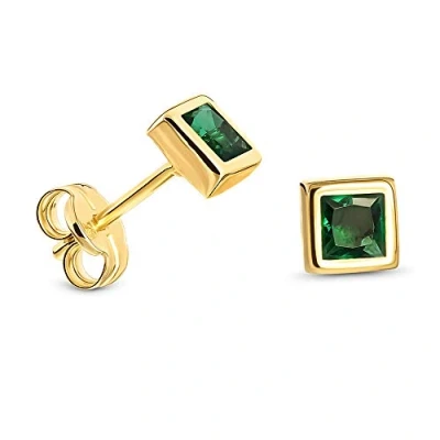 Image of Miore square stud earrings for women in 9kt 375 yellow gold with green emerald