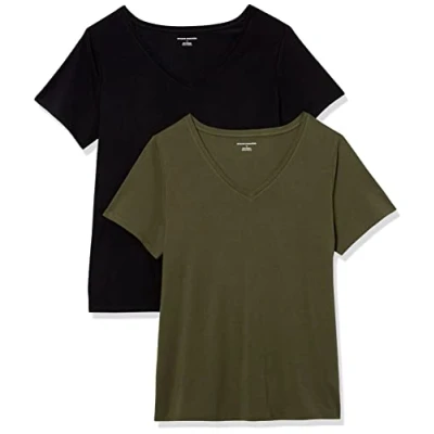Image of Amazon Essentials Women&#039;s Plus Size Short Sleeve V Neck T Shirt, Pack of 2, Black/Olive, XL