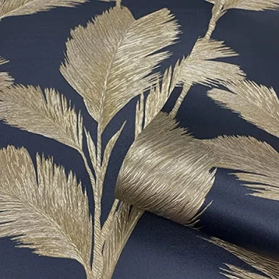 Image of Full Roll Gold Alessia Leaf Wallpaper Navy Textured Embossed Metallic Vinyl