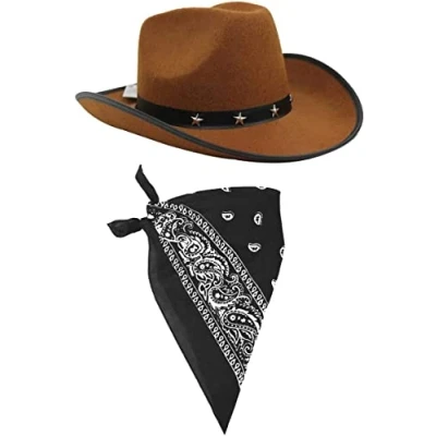 Image of ILOVEFANCYDRESS COWBOY FANCY DRESS ACCESSORY SET COSTUME BROWN STAR STUDDED HAT &amp; COLOURED BLACK PAISLEY BANDANA WILD WEST WESTERN SHERIFF BANDANNA (BLACK PACK OF 1)