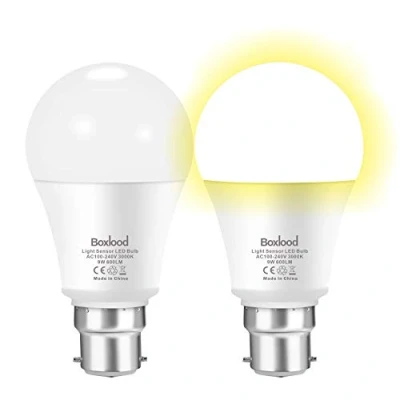 Image of Boxlood Dusk Till Dawn Light Bulbs, 3000K Warm White, 9W 60W Equivalent, B22 Energy Saving for Yard Porch Patio Garden, 2Pack
