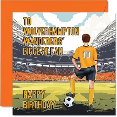Image of Football Birthday Card for Wolves Fans Biggest Fan Fun Happy Son Dad Brother Uncle Colleague Friend Cousin, 145mm x Footy Footie Bday Greeting Cards