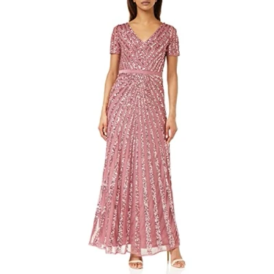 Image of Maya Deluxe Women&#039;s Maxi Ladies Embellished Sequin Dress Long Short Sleeve V Neck High Empire Waist A Cut Shiny Prom Wedding Bridesmaid, Desert Rose, 14