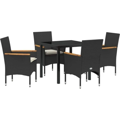 Image of vidaXL 5 Piece Garden Dining Set with Cushions in Black Poly Rattan