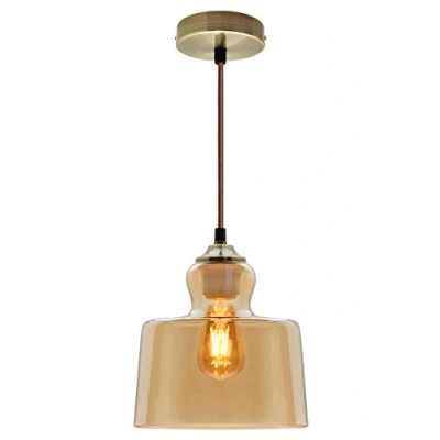 Image of Vintage Antique Brass Pendant Light Smoked Glass Ceiling Lamp Shade Amber M0225F
