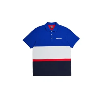 Image of Champion Men&#039;s Legacy Retro Sport Polo Color Block S/S Shirt, Electric Blue/White/Navy Blue, M