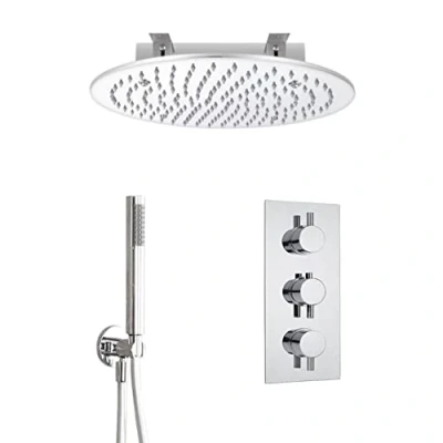 Image of Milano Mirage Modern Triple Thermostatic Mixer Shower Valve with 400mm Ceiling Mounted Round Recessed Rainfall Head and Hand Handset Kit Chrome