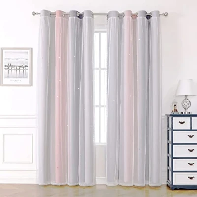 Image of KAHEAUM Blackout Curtains for Living Room Bedroom Eyelet Nursery Kids Girls, Voile Net Windows,2 Panel 52 x 54 inch Drop Soundproof Black Out Thermal Pink Grey
