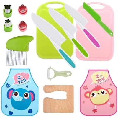 Image of LANMANUO 15 PCS Kids Knife for Chopping Wooden Kitchen Set Toddler Plastic Children Cooking Knives with Potato Slicer, Cutting Board, Peeler,Fruit Cutters Shapes and Apron