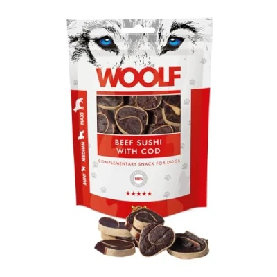 Image of WOOLF Beef Sushi with Cod Dog Treat Complimentary Snacks for Dogs. All Natural Ingredients, High Meat Content, Nutritional, Free from Artificial Additives. Suitable Dogs (100g)