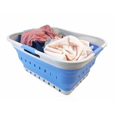 Image of SAMMART 42L Collapsible Plastic Laundry Basket Foldable Pop Up Storage Container/Organizer Space Saving Hamper/Basket (Grey/Little Boy Blue)