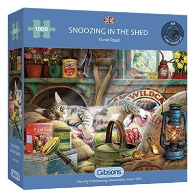 Image of Snoozing in the Shed 1000 Piece Jigsaw Puzzle Cat Sustainable for Adults Premium 100% Recycled Board Great Gift Gibsons Games