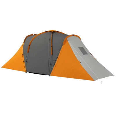 Image of Outsunny 4 6 Man Tunnel Tent with 2 Bedroom and Living Area, Large Camping Tent, 2000mm Waterproof, Portable Bag, for Fishing Hiking Festival, Grey Orange