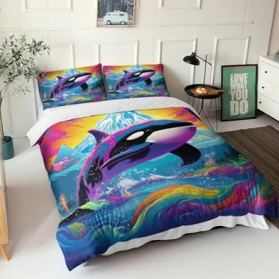 Image of REIPOL Colourful Orca 3D Print Duvet Cover Set Bedding Soft Microfiber Cartoon Animals Comforter For Girls Men Beds with Zipper Closure Quilt Pillowcases Double（200x200cm）