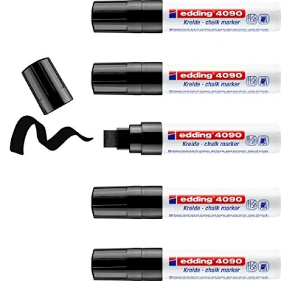 Image of edding 4090 chalk marker black 5 pens chisel tip 4 15 mm broad tipped wet wipe pen for chalkboards, windows, glass, mirrors liquid opaque coverage
