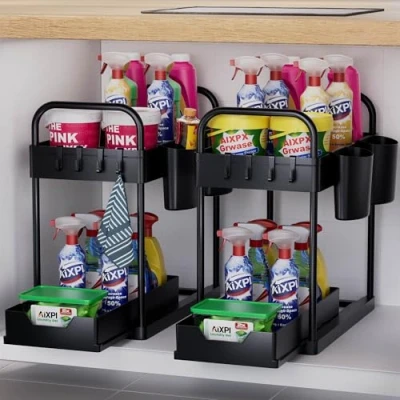 Image of AIXPI 2 Tier Under Sink Storage,Under Organiser with Bottom Sliding Basket Drawer,4 Hooks, Hanging Cup,Under Cabinet for Bathroom Kitchen Countertop,2 Pack,Black