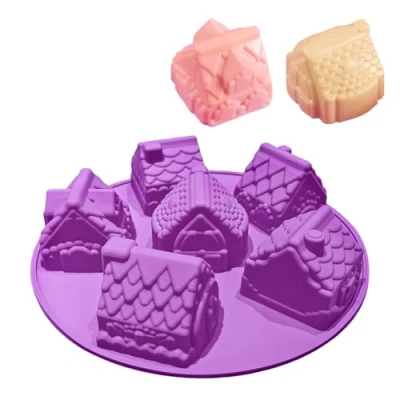 Image of JasCherry Silicone Mould, Candy and Chocolate Moulds, 6 Cavity 3D House Shaped Bakeware Mold for DIY Jelly Muffin (26.5 X 26.5 cm), Colour Random