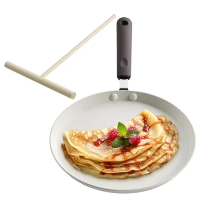Image of Navaris Non Stick Pancake Pan 26cm (10&quot;) and Spreader Induction Safe Aluminium Crepe Round Griddle with Handle Large Frying Skillet Cream White