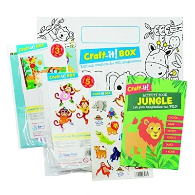 Image of Baker Ross CBS006 Jungle Arts and Crafts Pack for Kids Two Fun Themed Creative Kits, Stickers Activity Book Boys Girls