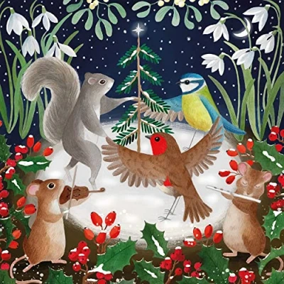 Image of Museums &amp; Galleries Charity Christmas Cards Wildlife Dancing Around the Tree Winter Scene Eco Friendly and Recyclable Pack of 8