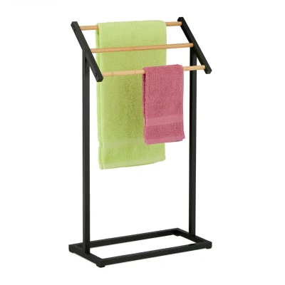 Image of Relaxdays Towel Rail, Standing, Drying Rack with 3 Bars, 80 x 45 21.5 cm, Bathroom, Stainless Steel, Bamboo, Black, Iron