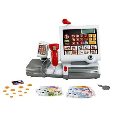 Image of Theo Klein 9356 Toy Cash Register I with Plastic Film Keyboard, Calculator Function, Payment Terminal Including Scanner and Scales Light Sound Function Dimensions: 31 cm x 15.5 23