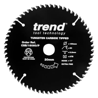 Image of Trend Wood PTFE Circular Saw Blade, 160mm Diameter, 20mm Bore, 60 Teeth, TCT, 2.2mm Kerf, CSB/16060/P